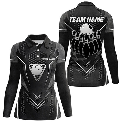 Black Hexagon pattern bowling ball and pins Women bowling shirts custom Team bowling league jerseys NQS8328