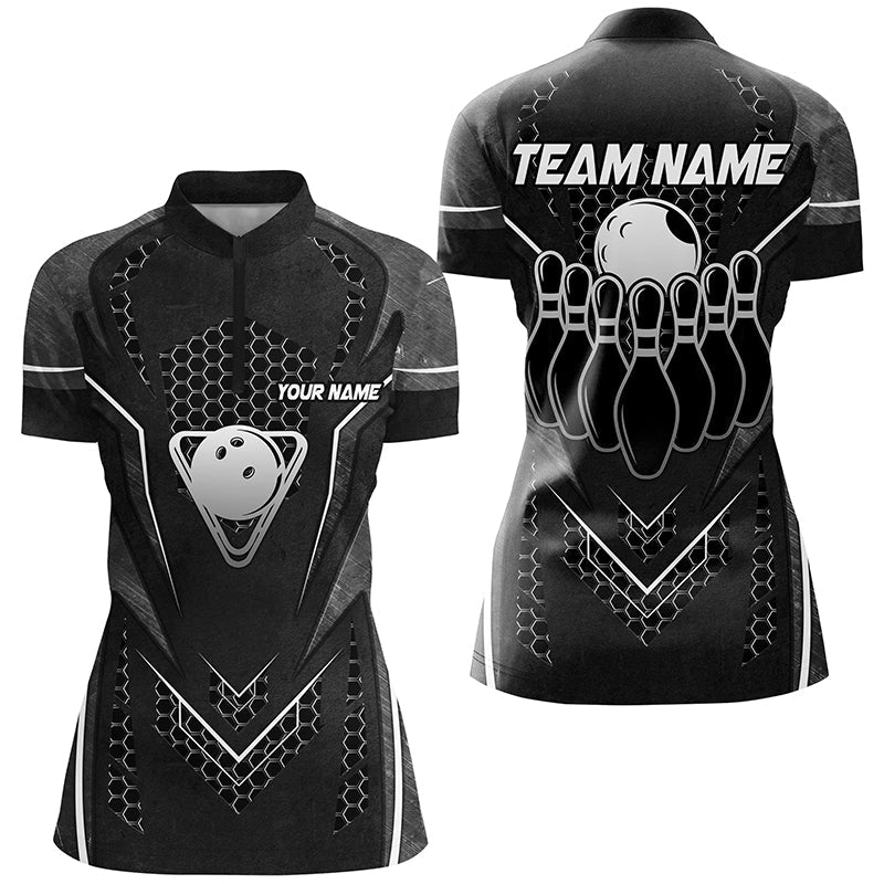 Black Hexagon pattern bowling ball and pins Women bowling shirts custom Team bowling league jerseys NQS8328