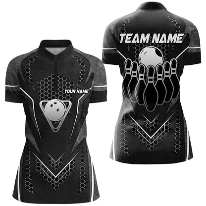 Black Hexagon pattern bowling ball and pins Women bowling shirts custom Team bowling league jerseys NQS8328