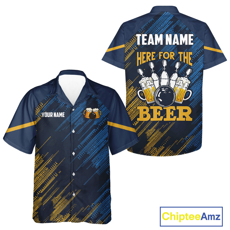 Blue and Yellow Bowling Hawaiian Shirt Custom Here For The Beer Funny Bowling Tournament Shirt NQS10717