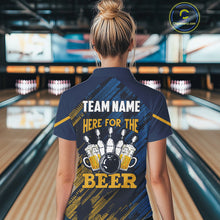 Load image into Gallery viewer, Blue and Yellow Pattern Women Bowling Shirt Custom Here For The Beer Funny Bowling Tournament Shirt NQS10717