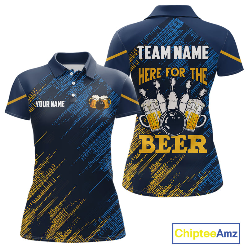Blue and Yellow Pattern Women Bowling Shirt Custom Here For The Beer Funny Bowling Tournament Shirt NQS10717