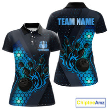 Load image into Gallery viewer, Black and Blue Flame Bowling Polo, 1/4 Zip Shirts for Women Custom Bowling Team Jersey Bowler Outfit NQS10925