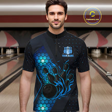 Load image into Gallery viewer, Black and Blue Flame Bowling Polo, 1/4 Zip Shirts for Men Custom Bowling Team Jersey Bowler Outfit NQS10925