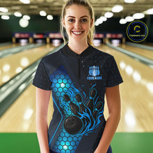 Load image into Gallery viewer, Black and Blue Flame Bowling Polo, 1/4 Zip Shirts for Women Custom Bowling Team Jersey Bowler Outfit NQS10925