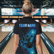 Load image into Gallery viewer, Black and Blue Flame Bowling Polo, 1/4 Zip Shirts for Women Custom Bowling Team Jersey Bowler Outfit NQS10925