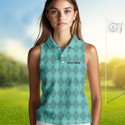 Turquoise argyle pattern Funny Flame Women Sleeveless golf polo shirt Custom team ladies Golf attire NQS11102