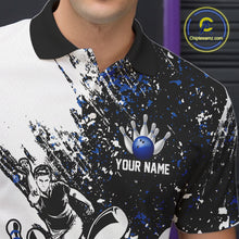 Load image into Gallery viewer, Black and White Men Bowling Polo, Quarter Zip Shirt Custom bowling jersey, mens bowling outfit | Blue NQS11305