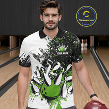 Load image into Gallery viewer, Black &amp; White Men Bowling Polo, Quarter Zip Shirt Custom bowling jersey, mens bowling outfit | Green NQS11306