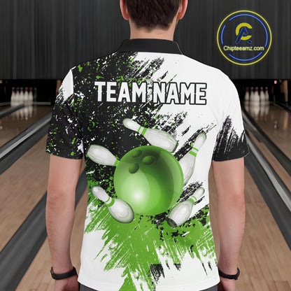 Black & White Men Bowling Polo, Quarter Zip Shirt Custom bowling jersey, mens bowling outfit | Green NQS11306