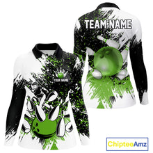 Load image into Gallery viewer, Black &amp; White Women Bowling Polo, 1/4 Zip Shirts Custom bowling jersey, girls bowling outfit | Green NQS11306