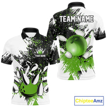 Load image into Gallery viewer, Black &amp; White Men Bowling Polo, Quarter Zip Shirt Custom bowling jersey, mens bowling outfit | Green NQS11306