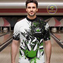 Load image into Gallery viewer, Black &amp; White Men Bowling Polo, Quarter Zip Shirt Custom bowling jersey, mens bowling outfit | Green NQS11306