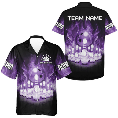 Black And Purple Flame Bowling ball pins Custom Hawaiian bowling shirts, Bowling Team Button up Shirt NQS9741