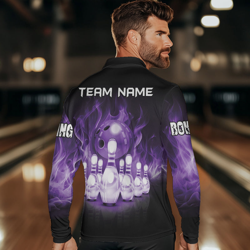 Black And Purple Flame Bowling ball pins Custom Bowling Shirts For Men, Bowling Team Shirt NQS9741