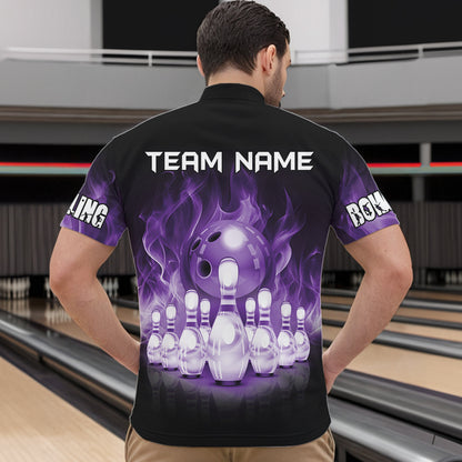 Black And Purple Flame Bowling ball pins Custom Bowling Shirts For Men, Bowling Team Shirt NQS9741
