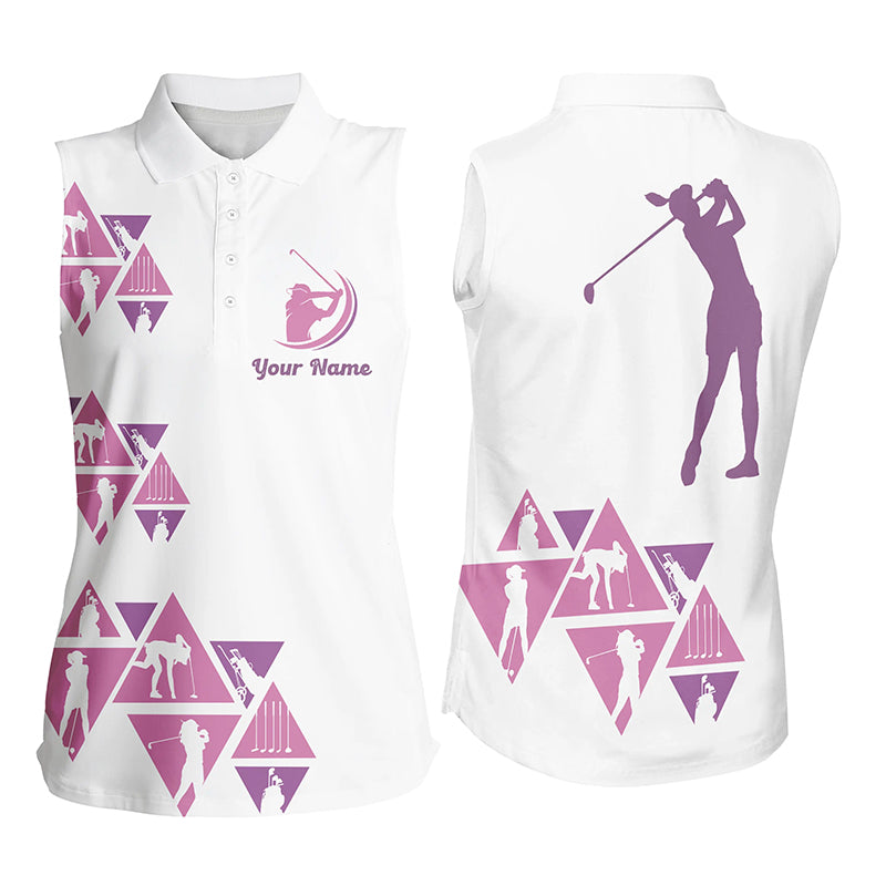 White and pink triangle pattern Women sleeveless polo shirt custom ladies golf tops NQS5316