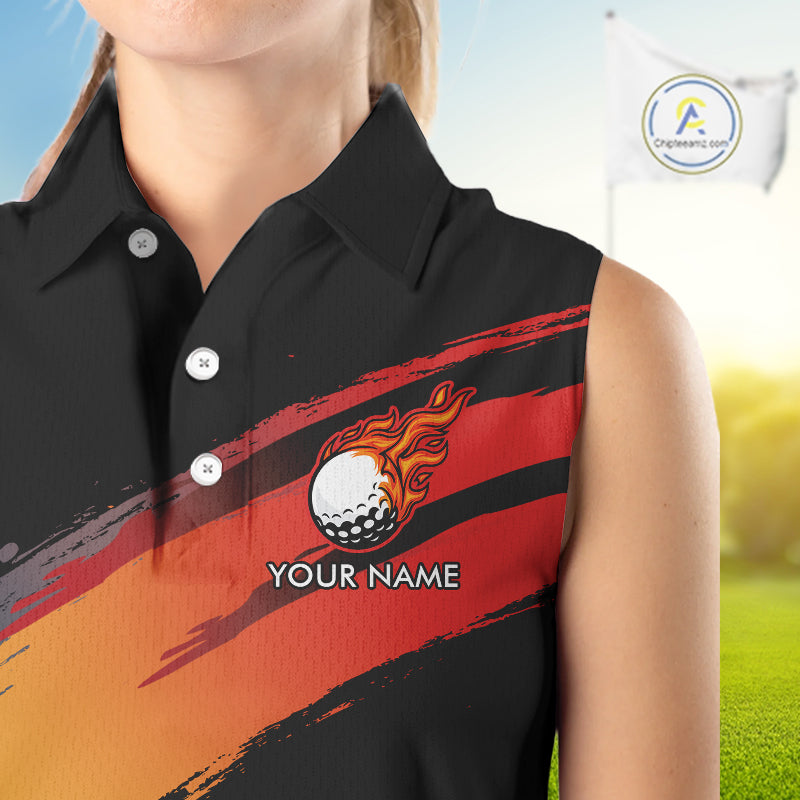 Black and Orange gradient flame golf ball Women sleeveless polo shirt custom ladies golf clothes NQS10168