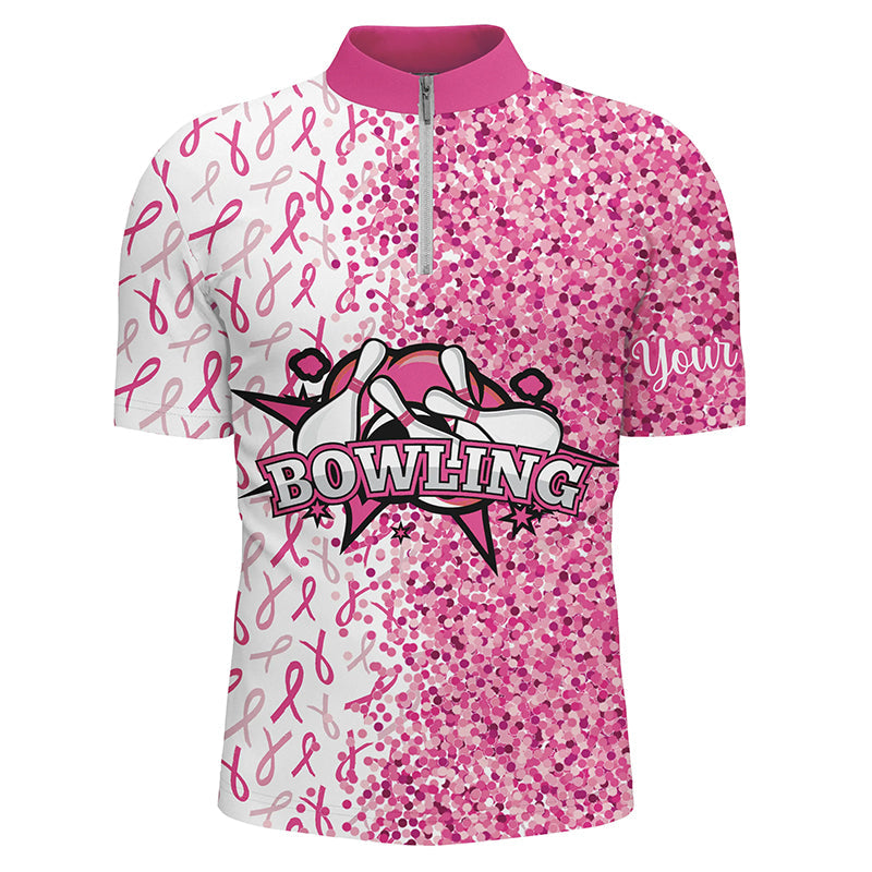 Pink glitter ribbon pattern Custom Bowing Shirts For Men, Breast Cancer Awareness bowling jerseys NQS8104
