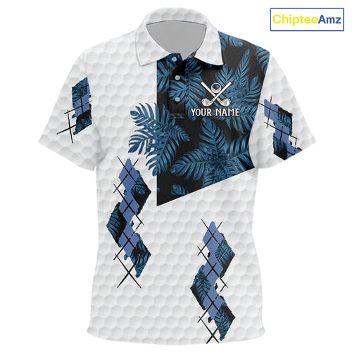 Blue tropical argyle pattern white golf polos shirts for Kid custom Kid golf top, best golf gift NQS10303