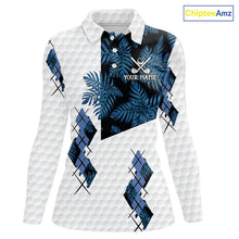 Load image into Gallery viewer, Blue tropical argyle pattern white golf polos shirts for Women custom ladies golf top, best golf gift NQS10303