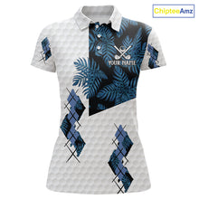 Load image into Gallery viewer, Blue tropical argyle pattern white golf polos shirts for Women custom ladies golf top, best golf gift NQS10303