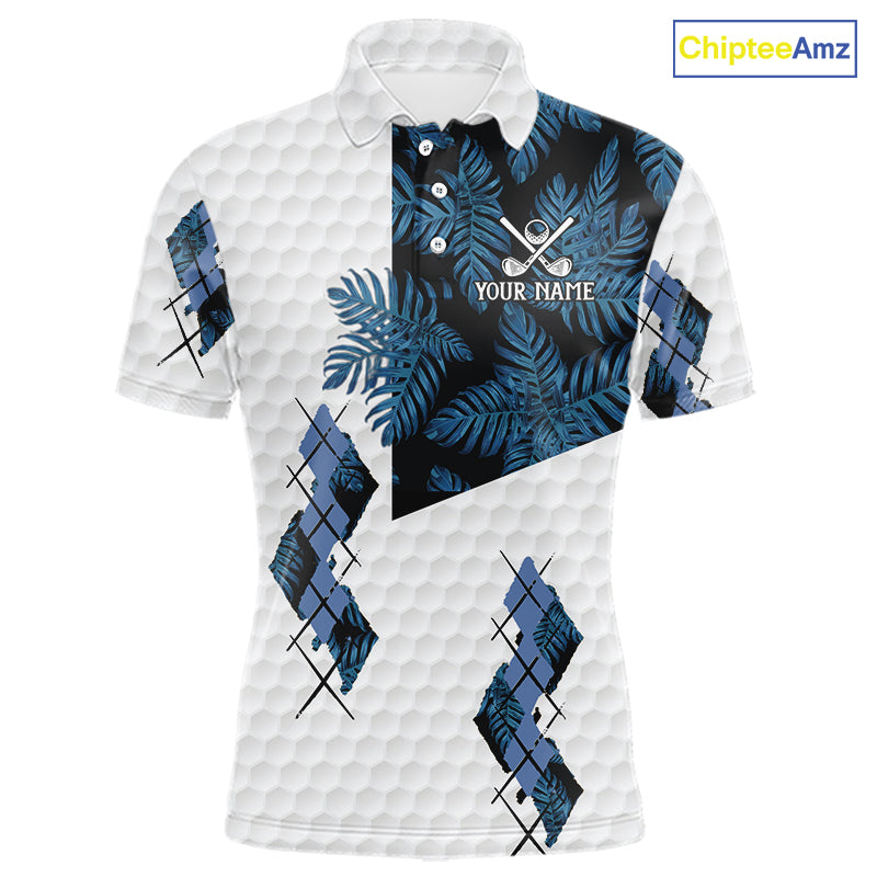 Blue tropical argyle pattern white golf polos shirts for men custom mens golf top, best golf gifts NQS10303