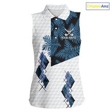 Load image into Gallery viewer, Blue tropical argyle pattern white Women Sleeveless Polo custom ladies golf top, best golf gift NQS10303