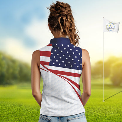 Red, White and Blue American Flag Sleeveless Polo shirt for Women custom patriotic ladies golf attire NQS10304