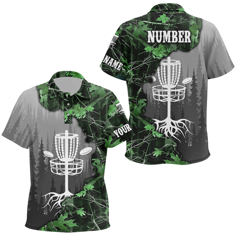 Kid disc golf polo shirt custom green camo forest disc golf basket, disc golf jerseys NQS8538