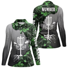 Load image into Gallery viewer, Womens disc golf polo shirt custom green camo forest tree disc golf basket, disc golf jerseys NQS8538