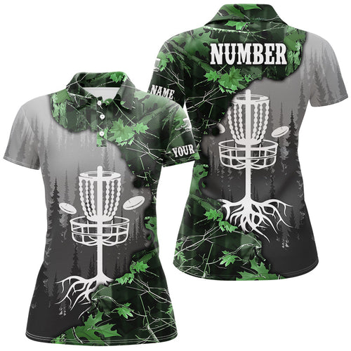 Womens disc golf polo shirt custom green camo forest tree disc golf basket, disc golf jerseys NQS8538