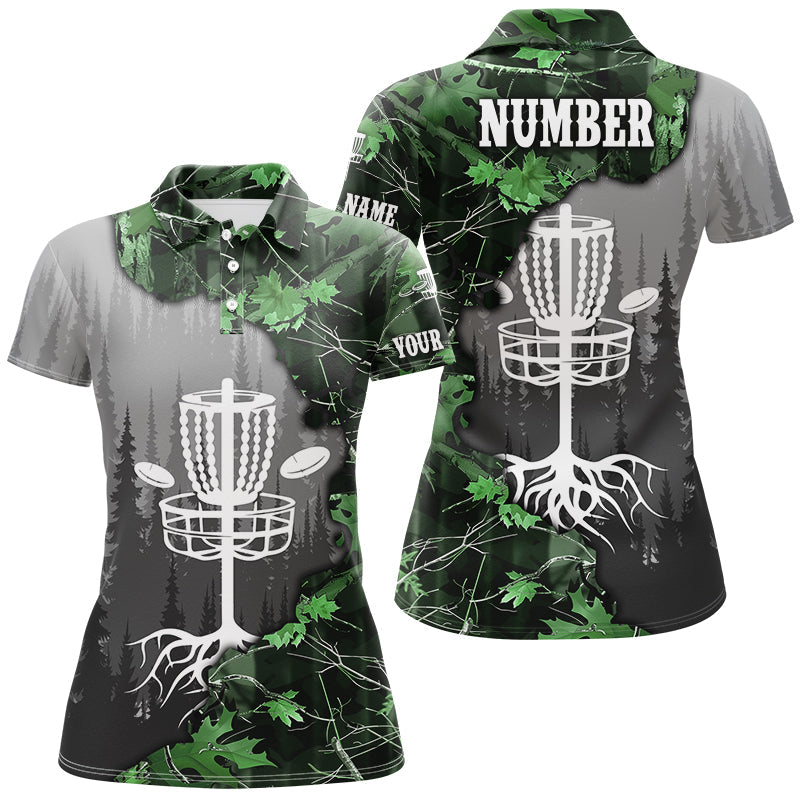 Womens disc golf polo shirt custom green camo forest tree disc golf basket, disc golf jerseys NQS8538