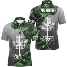 Load image into Gallery viewer, Mens disc golf polo shirt custom green camo forest tree disc golf basket, disc golf jerseys NQS8538