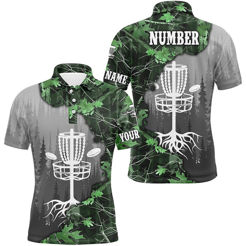 Mens disc golf polo shirt custom green camo forest tree disc golf basket, disc golf jerseys NQS8538