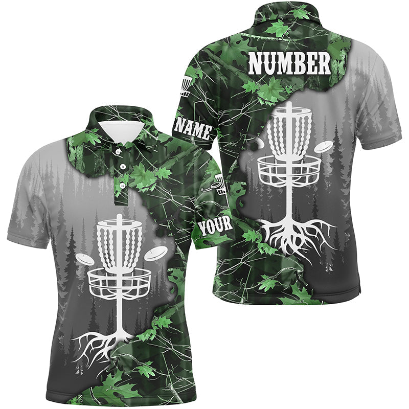 Mens disc golf polo shirt custom green camo forest tree disc golf basket, disc golf jerseys NQS8538