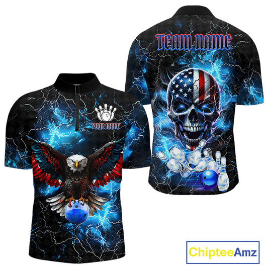 Blue Thunder Lightning American Flag Eagle Skull Mens Bowling Shirts Custom Bowling Team Jersey NQS10724