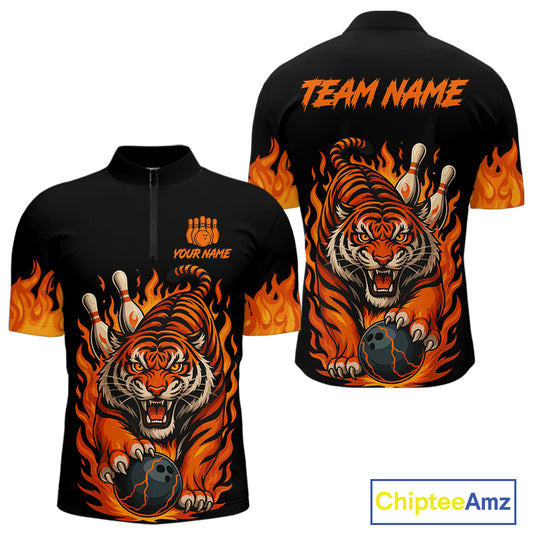 Black and Orange Flame Tiger Bowling Polo, 1/4 Zip Shirts for Men Custom Team Tiger Bowling Jersey NQS10935