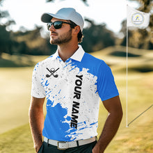 Load image into Gallery viewer, Blue and White Mens Golf polo shirts Custom team golf outfit, Personalized golf attire for men NQS11316