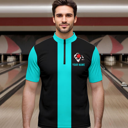 Personalized Cyan Blue and Black Retro Bowling Shirts For Men custom vintage bowling team jerseys NQS9599