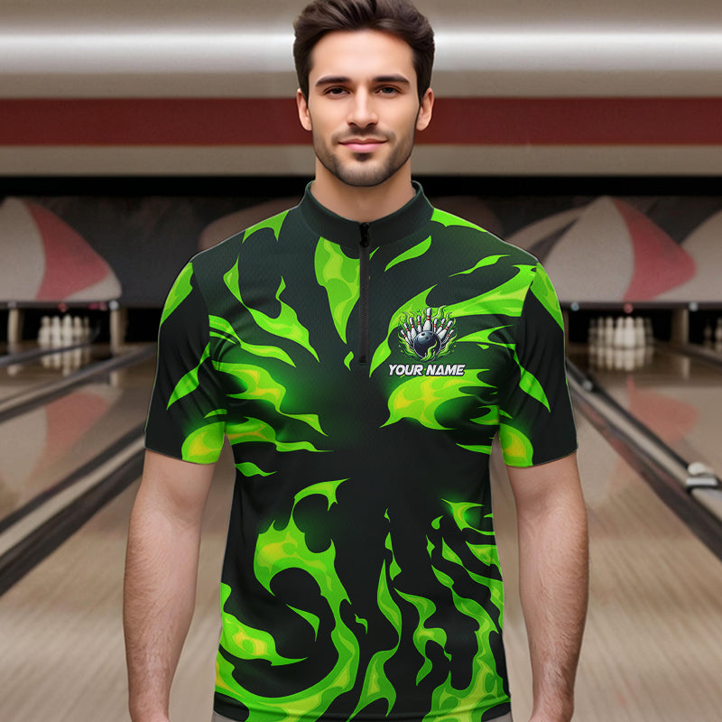 Men bowling Polo, Quarter Zip shirts Custom Green Flame Bowling Team Jersey, gift for team Bowlers NQS9602