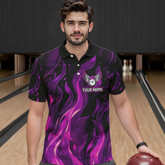 Men bowling Polo, Quarter Zip shirts Custom Pink Flame Bowling Team Jersey, gift for team Bowlers NQS9603