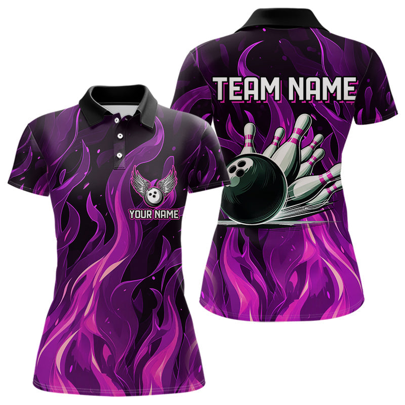 Women bowling Polo, Quarter Zip shirts Custom Pink Flame Bowling Team Jersey, gift for team Bowlers NQS9603