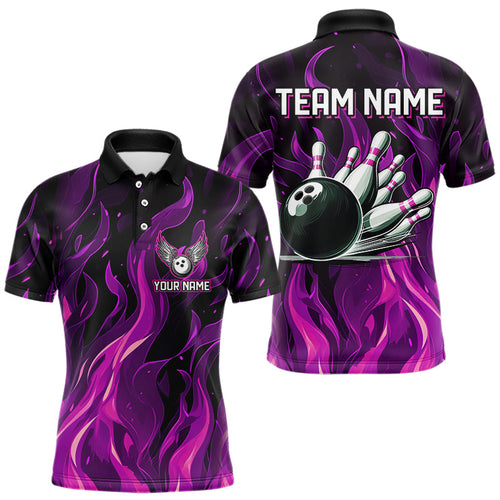 Men bowling Polo, Quarter Zip shirts Custom Pink Flame Bowling Team Jersey, gift for team Bowlers NQS9603