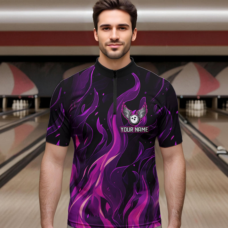 Men bowling Polo, Quarter Zip shirts Custom Pink Flame Bowling Team Jersey, gift for team Bowlers NQS9603