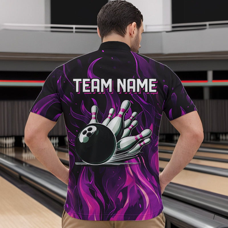 Men bowling Polo, Quarter Zip shirts Custom Pink Flame Bowling Team Jersey, gift for team Bowlers NQS9603