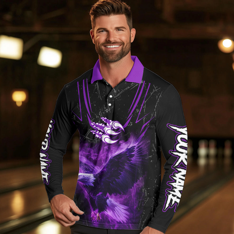 Black and Purple Flame Eagle Bowling Shirt For Men Custom Team Name Bowling Jerseys For Bowlers NQS9749