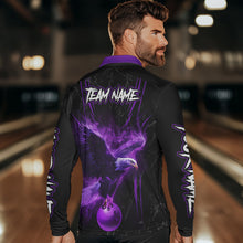 Load image into Gallery viewer, Black and Purple Flame Eagle Bowling Shirt For Men Custom Team Name Bowling Jerseys For Bowlers NQS9749