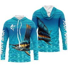 Load image into Gallery viewer, Sailfish fishing blue water camo Custom Name sun protection long sleeve fishing shirt for men, women NQS5553