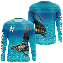 Load image into Gallery viewer, Sailfish fishing blue water camo Custom Name sun protection long sleeve fishing shirt for men, women NQS5553